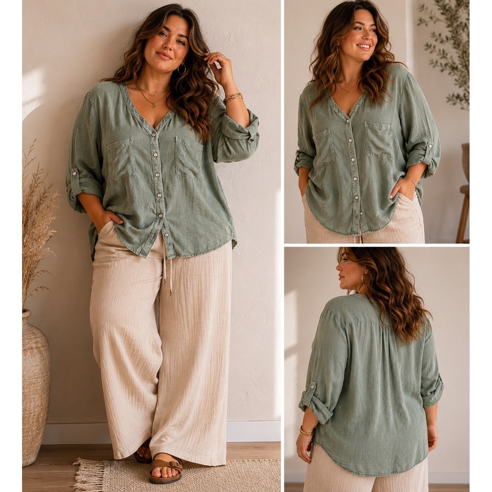 Caslon Sage Green Linen Blend Roll Tab Sleeve Button Down Shirt 2X Plus Size